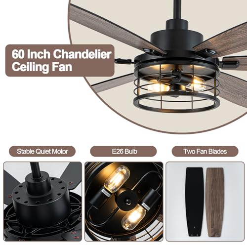 Image of 60 Inch Farmhouse Ceiling Fan with Light Black Rustic Ceiling Fan Quiet and Reversible DC Motor Caged Chandelier Fan for Living Room Bedroom