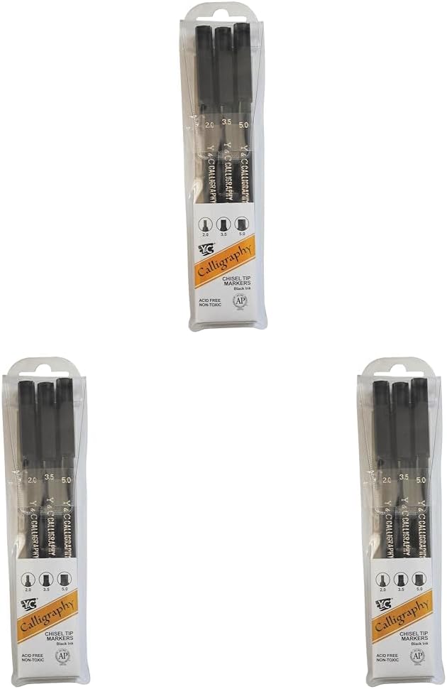 Yasutomo - NSC603A Y and C Water Based Calligraphy Markers, Chisel Tip, Assorted Sizes, Black, Pack of 9-443609