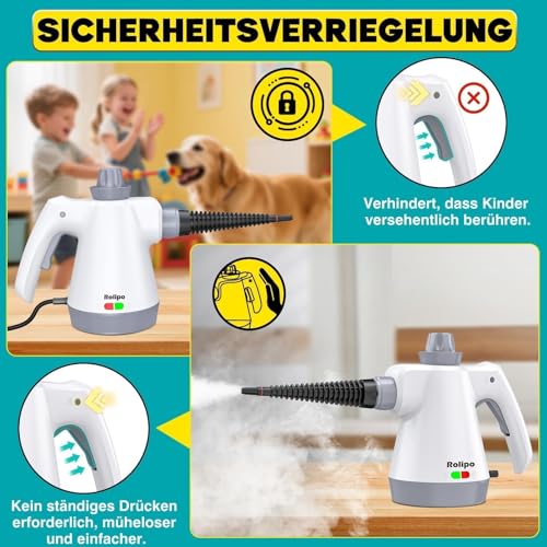 Rolipo Dampfreiniger Handgerät mit 12-Teiligem Zubehör, 1050W Steam Cleaner für Haushalt, Küche, Bad, Fenster, Polster & Auto–100% Chemiefrei, Hochdruck-Dampf gegen Schmutz Fett & Bakterien