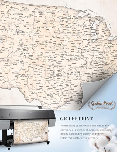 Image of IPIC - Vintage USA Canvas Wall Art, Travel Map Print for Home, Office, or Study, Push Pin Board Decor for Travel Lovers, Ready to Hang