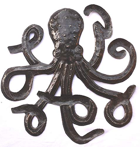 Octopus, Decorative Sea Life Creature, Nautical Theme Wall Hanging Art, Handmade in Haiti from Recycled Steel Barrels 14 x 14 Inches