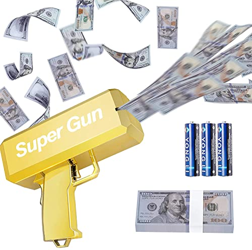 LEOKKARR Gold Money Gun Shooter, Toy Guns That Look Real, Prop Gun Cash Cannon for Game Movies Party Supplies with Play Money 100 Dollar Bills