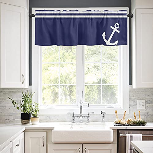 Meet 1998 Valance Curtains For Kitchen Windows Stripe Nautical Anchor Window Valances Navy Blue Window Treatment Rod Pocket Valance For Bedroom Bathroom Laundry Room 54X18 Inch, 1 Panel #TOP1