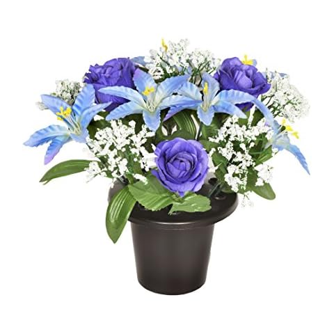 25CM ARTIFICIAL BLUE LILY & ROSE GRAVE FLOWER POT - VASE INSERT MEMORIAL Cover