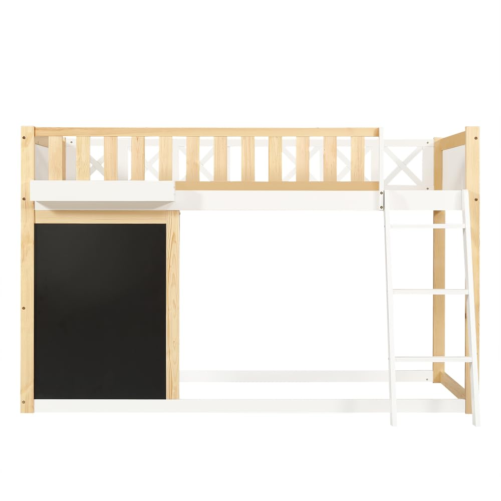Lit mezzanine 90 x 200 cm, lit enfant avec petit tableau à peindre avec récipient,lit superposé enfant garde-corps de sécurité, espace de rangement réglable individuellement sous le lit, blanc