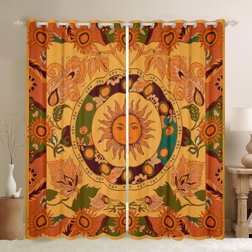 Feelyou Sun Curtains for Bedroom Botanical Floral 30%-50% Blackout Curtains Kids Vintage Flowers Darkening Dreapes Natural Leaf Pattern Orange Yellow Green Window Treatments (2 Panels, 38 x 45 Inch)