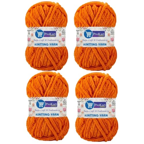 Image of ProKart Premium Blankie Wool, Plush & Cuddly, Chenille Yarn Supersoft Hand Knitting Wool Ball | Blanket Thick /Mottu Yarn Ball Suitable for Hand Knitting and Crocheting for Baby, Adult, Sweaters, caps, Throws, Home Furnishing, Scarves, Blankets (Dark Orange, 100gms x 4 Pack)