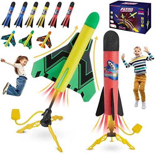 Rocket Toy Outdoor Rocket Launcher for Kids, Shoots Up to 100 Feet, 6 Colorful Rockets and 3 Planes with 2 Sturdy Launcher Toy Stand, Birthday Gift for Boys Girls Age 3-12
