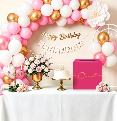 Image of HEIPINIUYE Hot Pink Wedding Card Box with Gold Foil 9.8 inch x 9.8 inch Pink Large Gift Card Box for Party Wedding Reception Graduation Birthday Baby Shower Cardboard Raffle Envelope Box with Slot