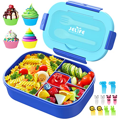 Jelife Lunch Box Kids Bento Box - 1300ML Ideal Leak Proof Bento Lunch Box for Kids School Lunchbox for Teens Toddlers Boys, Lunch Box Snack Containers with Utensil, Food Fork Picks & Cake Cups, Blue Jelife Lunch Box Kids Bento Box - 1300ML Ideal Leak Proof Bento Lunch Box for Kids School Lunchbox for Teens Toddlers Boys, Lunch Box Snack Containers with Utensil, Food Fork Picks & Cake Cups, Blue