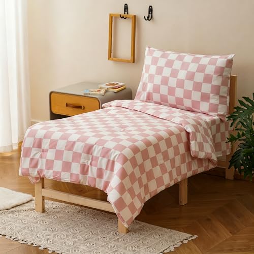 Image of Wellboo Pink White Plaid Toddler Bedding Sets for Girls Boys Bean Pink and White Checkerboard Grid 4 Pieces Soft Crib Bed Set Including Comforter, Sheets and Pillowcase Kids Checkered Geometric Quilt
