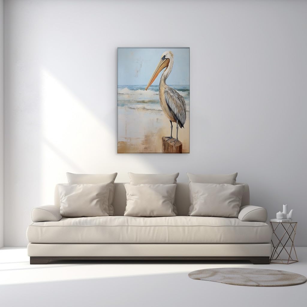 Canvas for Living Room. Elegance at The Shoreline: The Harmonic Stance of a Brown Pelican Against The Ocean's Embrace, 27 x 18 inch Canvas Wall Art - Ready to Hang