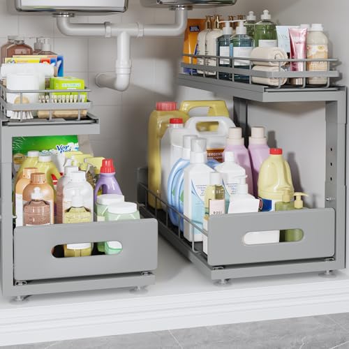 Image of Under Sink Organizer Upgrade To Professional Rails,2-Tier Dual Pull Out Cabinet Storage,Height Adjustable Slide Out Drawers For Bathroom Kitchen,2 Pack-18.5 inchDx12.8 inch-16.9 inchH,Gun Gray