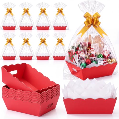 Image of Fuyoooo 8 Pack Red Basket for Gifts Empty to Fill, 10 inch x 8 inch Thick Sturdy Kraft Scalloped Edge Gift Basket with Handle, 8 Wrap Bag 8 Bow 16 Tissue Paper for Christmas Wedding Birthday Wrapping Gift