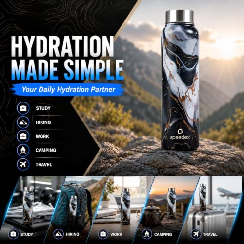 Image of Speedex Stainless Steel Printed Water Bottle 1 Ltr 1000 ml, BIS Approved, Leak Proof Screw Cap Bottle for Office, School, Travel, Daily Use for Men, Women, Kids, Adults, Midnight Marble, Set of 3