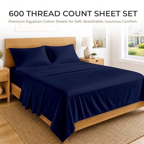 Image of SGI bedding 100% Egyptian Cotton Sheets Queen Size - 600 Thread Count Sheets Set, Soft, Cooling, 15 inch Deep Pocket, Luxury Hotel Bedding, Breathable, Durable - Navy Blue