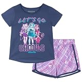 Monster High Little Girls T-Shirt and French Terry Dolphin Shorts Outfit Set Plaid Navy/Lavender 6