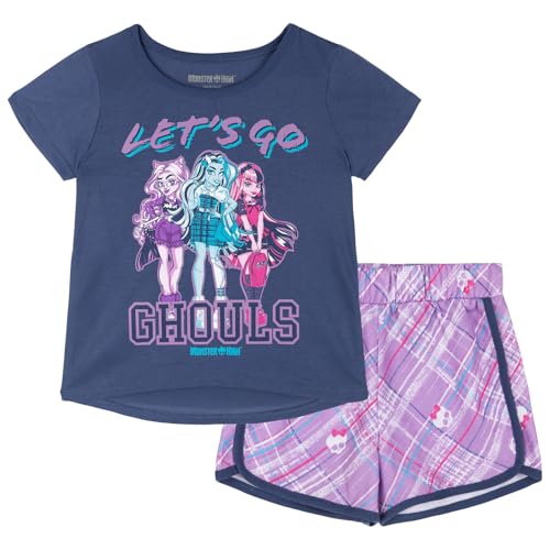 Monster High Little Girls T-Shirt and French Terry Dolphin Shorts Outfit Set Plaid Navy/Lavender 6