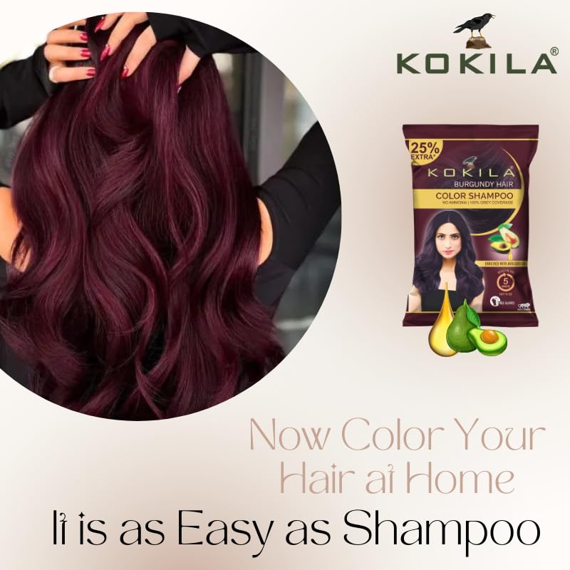 Image of Kokila Unisex Hair Color Shampoo Enriched With Almond Oil in Just 5 Minute, Long-Lasting Instant Hair Color Burgundy Pack of 15 (18ML Each)