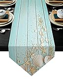 Kawani Starfish Seashell Ocean Beach Table Runner 13x70 Inch Teal Turquoise Wooden Borad Rustic Tabl