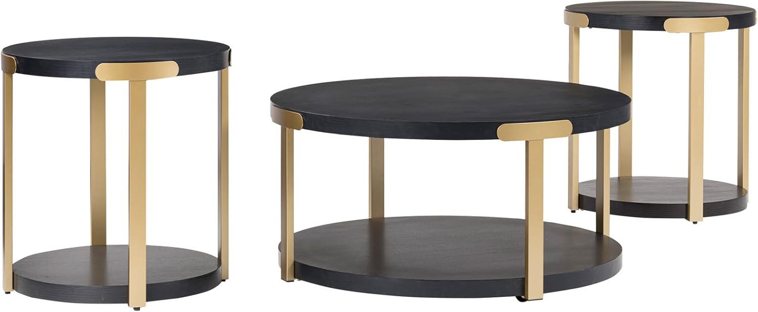 Signature Design By Ashley Shylore Contemporary Occasional Table Set, Coffee Table and 2 End Tables, Wood, 36.25" W x 36.25" D x 18.13" H, Black/Brass