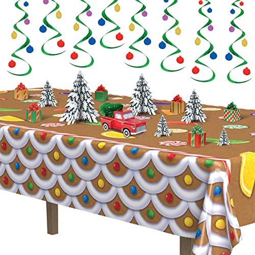 Image of Beistle Gingerbread House Tablecovers, 54 inch x 108 inch, 2 Pieces - Plastic Table Cloth, Rectangular Tablecloth, Table Covers for Party, Gingerbread Party Supplies, Christmas Decorations