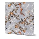 Spoonflower Removable Wallpaper Swatch - Chinoiserie Vintage Dusty Blue Sky Floral Birds Chinese Antique Custom Pre-Pasted Wallpaper