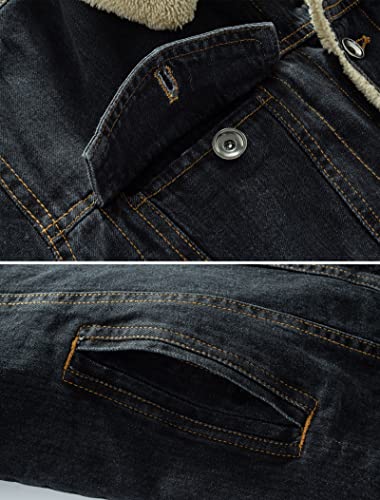 How'on Men's Plus Cotton Warm Fur Collar Sherpa Lined Denim Jacket Button Down Classy Casual Quilted Jeans Coats Outwear Black L #TOP4