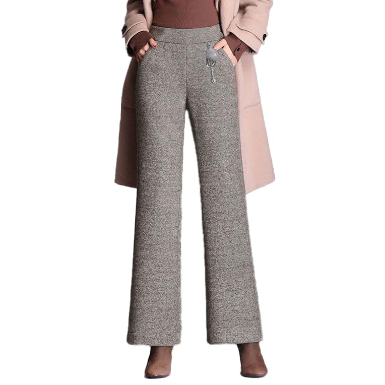 High Waist Wide Leg Tweed Pants Winter Chenille Vintage Wool Blend Fleece Lined Warm Casual Pencil Trouser