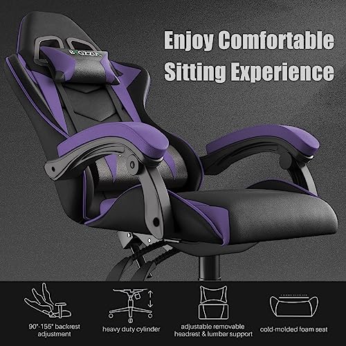 Image of Bigzzia Gaming Office Chair - Leather Ergonomic Video Game Seat With Lumbar Cushion, Headrest & Fixed Armrest for Adult Teen (Purple)