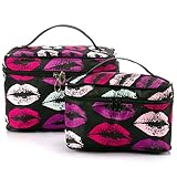 SHACOS Fashionable Portable Cosmetic Toiletry Bags Polyester Fiber Makeup Brush Bags with Mirror 2pcs a Set (Black Lips)
