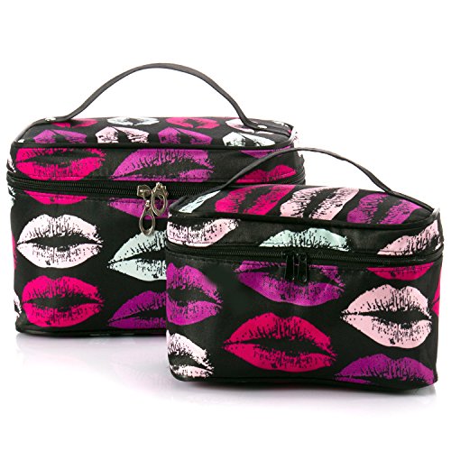 SHACOS Fashionable Portable Cosmetic Toiletry Bags Polyester Fiber Makeup Brush Bags with Mirror 2pcs a Set (Black lips)