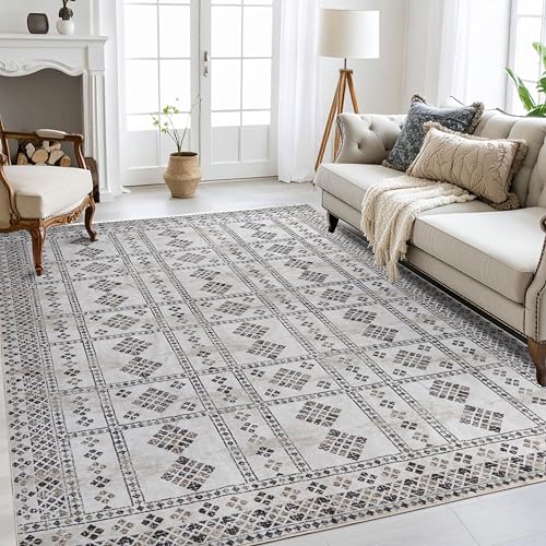 Superior Washable Indoor Large Area Rug, Nylon, Foldable, Neutral Decor, Geometric Rug, Living Room, Bedroom, Office, Hallway, Durable, Cotton Backing, Machine Wash, Solin Collection, 10' x 14', Ivory
