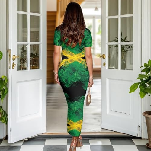 Image of Womens Short Sleeve Jamaican Flag Midi Bodycon Dress | Soft stretchy fabric,crew neck,jamaican print casual date night cocktail party, elegant chic, spring summer fall all season