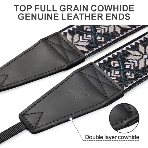 Image of Padwa Lifestyle Camera Strap - 2 inch Full Grain Leather Ends Camera Straps for Photographers, Vintage Embroidered Cotton Weave Soft Strap Quick Release fits All Cameras