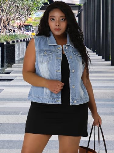 uxcell Denim Vest Top for Women Plus Size Sleeveless Button Down Waistcoat with Two Chest Flap Pockets Jean Jacket Vest3
