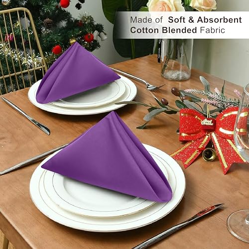 Image of Ruvanti Cloth Napkins Set of 12, 18x18 Inches Napkins Cloth Washable, Soft, Durable, Absorbent, Cotton Blend. Table Dinner Napkins Cloth for Hotel, Lunch, Restaurant, Wedding Events, Parties - Purple