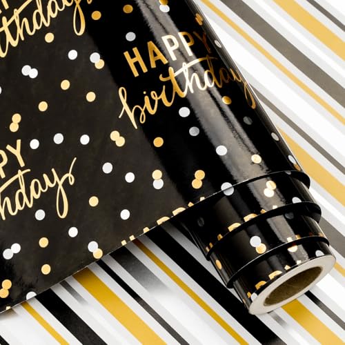 LeZakaa Reversible Black Birthday Wrapping Paper Roll for Boys Men Happy Birthday Lettering & Stripe Pattern with Metallic Gold Foil in Black Mini Roll 17 inches x 9.8 Feet