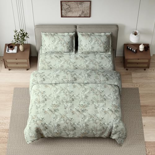 Image of Haus & kinder Double Bedsheet for Queen Size Bed | 90 x 100 Inches 144 TC Cotton Bedsheet for Double Bed with 2 Pillow Covers - Serene Branch Blue