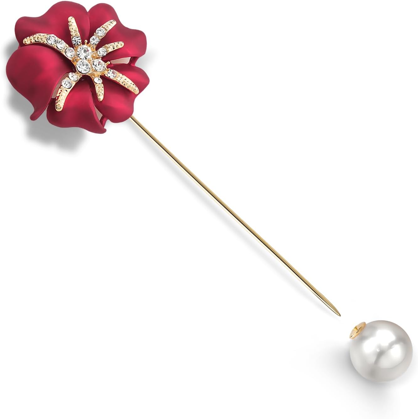 Gem Stone King Cultured Freshwater Pearl Red Rose Flower Yellow Plated Brass Women's Large Brooch Pin for Women | 100MM = 3.9 Inch