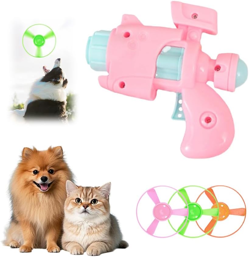 Light-Up Flying Disc Cat Launcher Set, 2025 Upgraded Flying Disc Launcher Cat Toy, with Colorful Flying Propellers Set, Cat Tracking Interactive Fetch Toy for Hunting, Chasing (Pink - 1 Set)