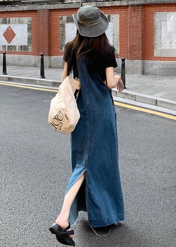 Image of chouyatou Women's Adjustable Strap Distressed Denim Overall Dress A-Line Back Split Pinafore Bib Jean Dress