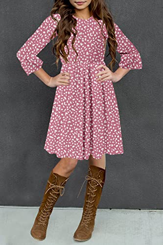 Hosika Girls Long Sleeve Dress Vintage Floral Leopard Print Pleated Casual Loose Flowy Twirly Dress For Kids 12 Years Pink Xl #TOP1
