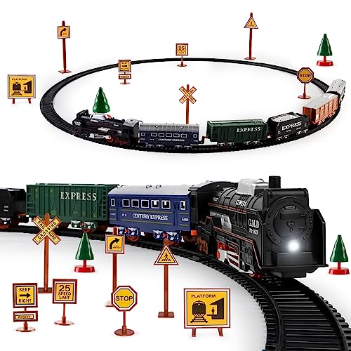 Image of deAO Train Set with Light for Kids, Cargo Cars and Long Track for Boys & Girls Aged 3-12, Train Toys Railway Kits with Signposts & Trees, Electric Train Race Track Playset,Great for Birthday & Xmas