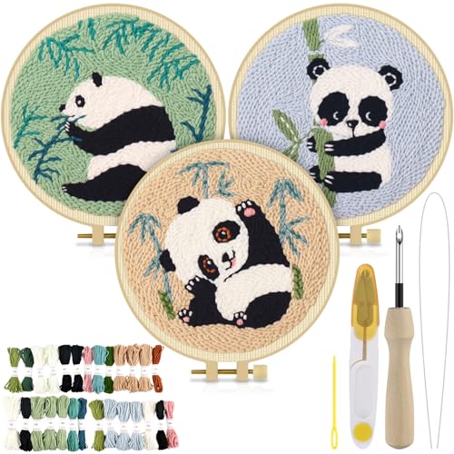 Image of TINDTOP Punch Needle Kits, Panda Punch Embroidery Kits for Adults | 3 Sets, Tool with Punch Needle Fabric, Hoops, Yarns and Sewing Needles