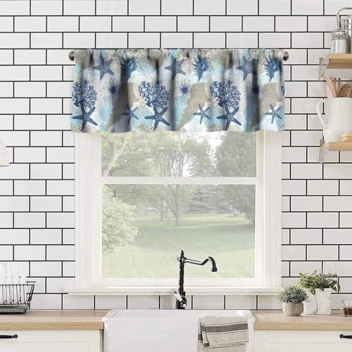 Image of Seashell Table Window Valance Curtain, Vintage Blue Coastal Nautical Corals Tropical Sea Beach Sealife Theme Window Treatment Valances for Home Kitchen Cafe Decor 54'x18', 1 Panel