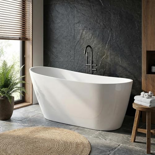 Image of 59 inch Acrylic Freestanding Soaking Bathtub, Free Standing Tub, Stylish Stand Alone Contemporary Soaking Tub with Integrated Overflow and Drain In Chrome, cUPC Certified