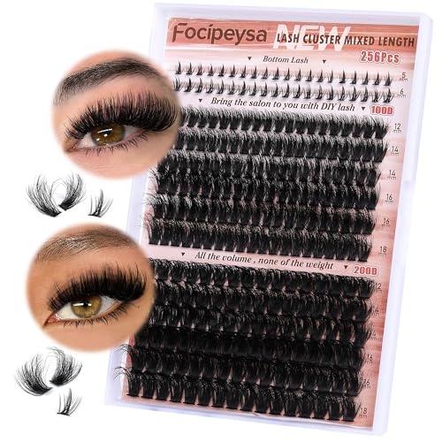 Focipeysa Eyelash Clusters 100D 200D Lashes Extensions with Bottom Lash Volume Fluff Lash Clusters 256pcs Individual Eyelash Extensions 12-18mm Eyelash Extensions DIY D-Curly Lash Extension at Home