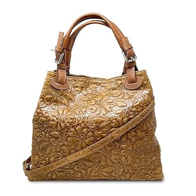 Chicca Borse Borsa a Mano Stampa Intrecciata da Donna con Tracolla in vera pelle made in Italy - 34x29x18 Cm (Fiori Cuoio - Manico Cuoio)