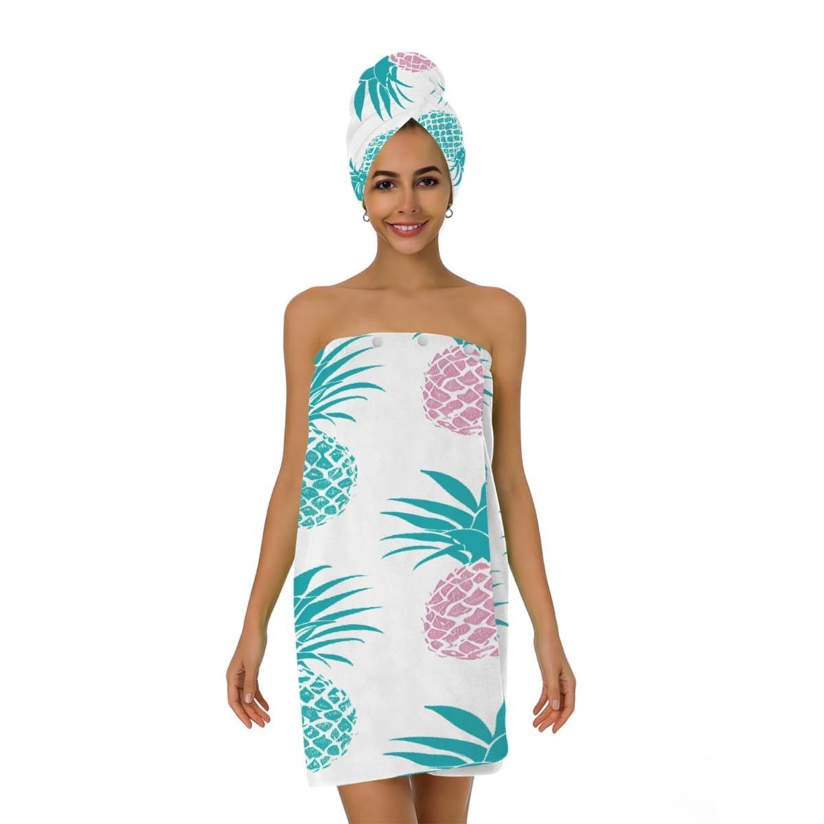 Lot de 2 serviettes de douche en microfibre pour femme avec serviette à cheveux, motif ananas coloré et bonnet de séchage des cheveux pour la plage, la piscine, le spa